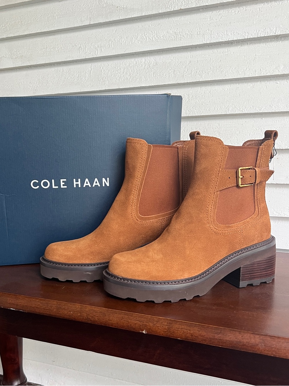Cole Haan Brown Suede Chelsea Boot with Buckle